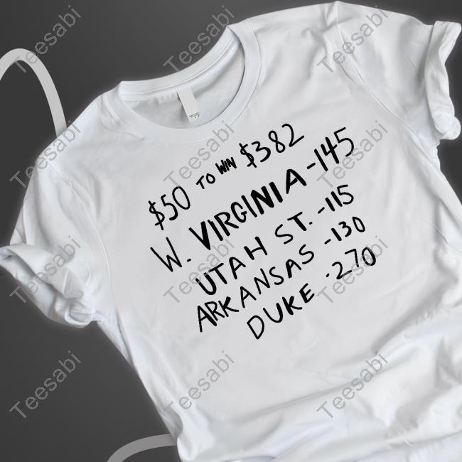 $50 To Win $382 W. Virginia -145 Utah St.- 115 Arkansas-110 Duke -270 Tee Shirt